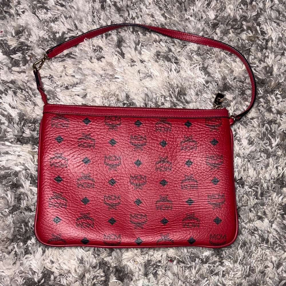 MCM Red Leather Logo-Print Wristlet
